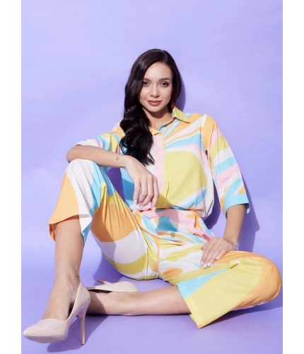 Women's Polyester Colour Blocking 3-4th Sleeve Co-Ord Set (Multicolor)