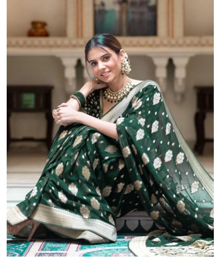 Women's Soft Lichi Silk Printed Saree With Unstitched Blouse 5.5Mtr (Green) Women's Soft Lichi Silk Printed Saree With Unstitched Blouse 5.5Mtr (Green)