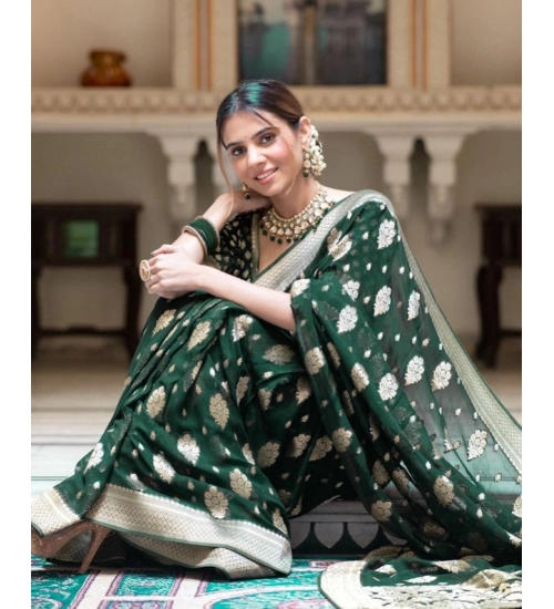 Women's Soft Lichi Silk Printed Saree With Unstitched Blouse 5.5Mtr (Green)