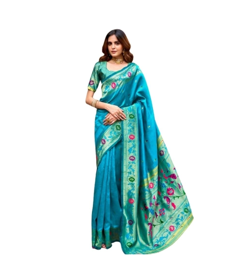 Women's Silk Blend Woven Saree With Unstitched Blouse 5.5 Mtr (Aqua_Blue)