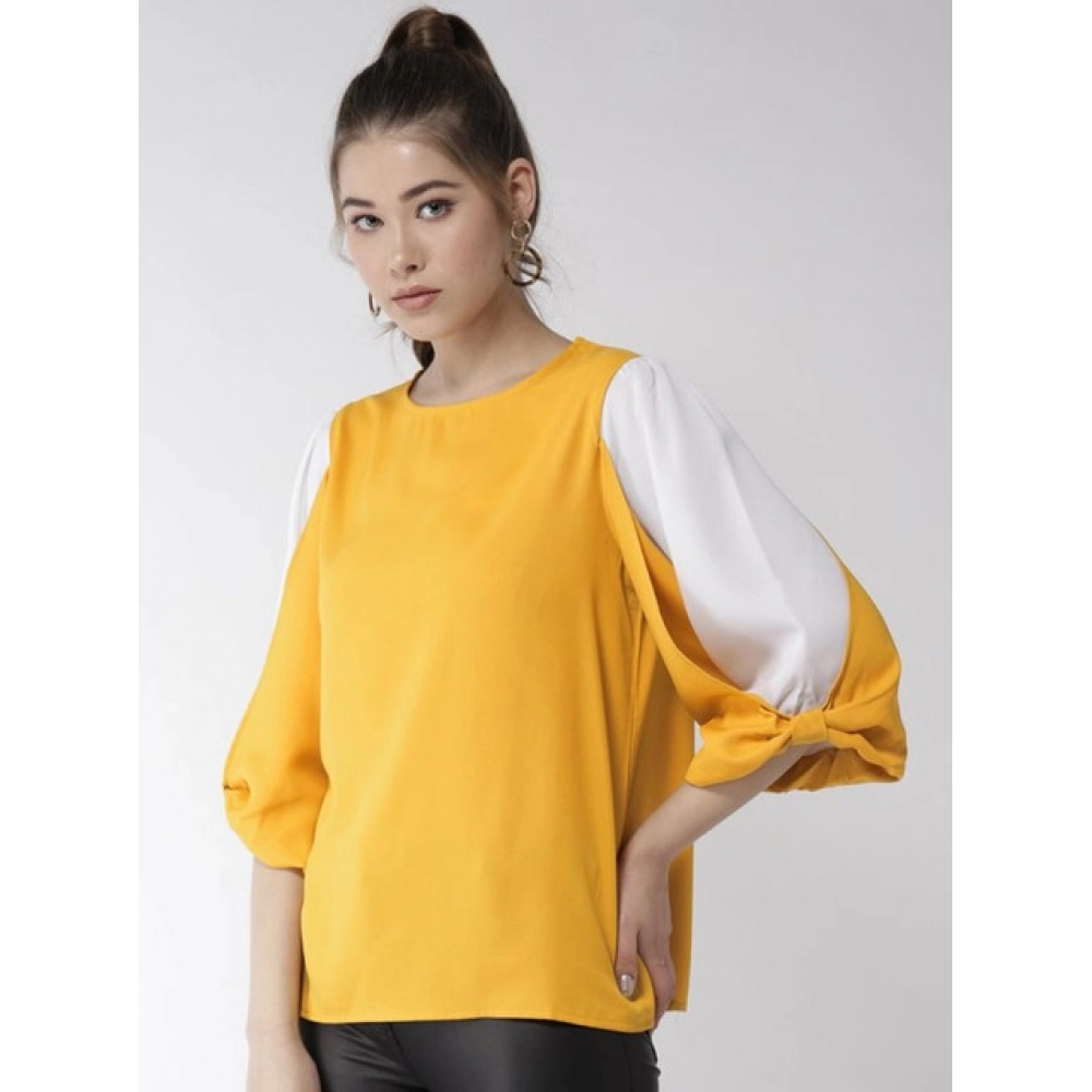 Women's Polyester Colour Block Slit Sleeve Top (Yellow-White)