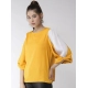 Women's Polyester Colour Block Slit Sleeve Top (Yellow-White)