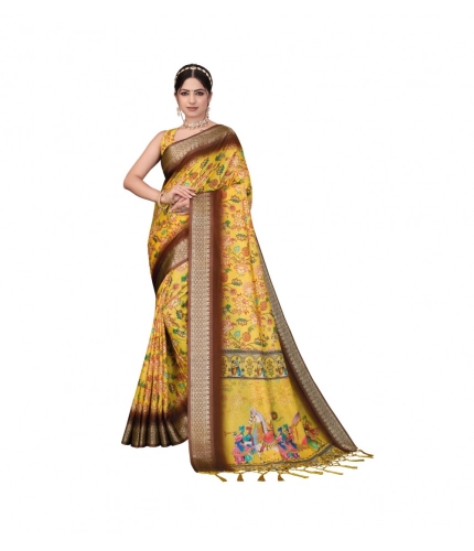Women's Cotton Silk  Printed Saree With Unstitched Blouse 5.5Mtr (Yellow)