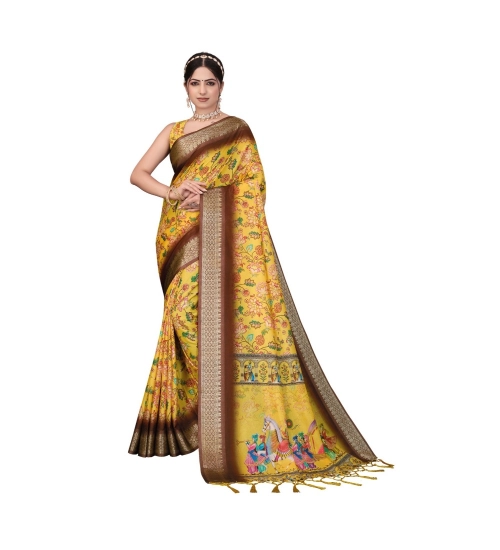 Women's Cotton Silk  Printed Saree With Unstitched Blouse 5.5Mtr (Yellow)