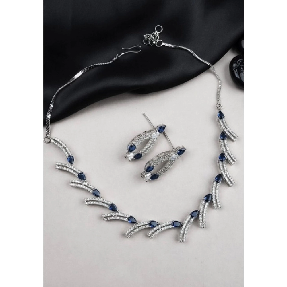 Women's Brass Silver Plated Necklace set (Blue)