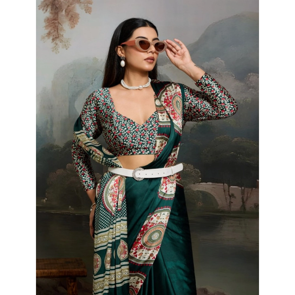 Women's Satin Crepe Printed Saree With Unstitched Blouse 5.5Mtr (Green)