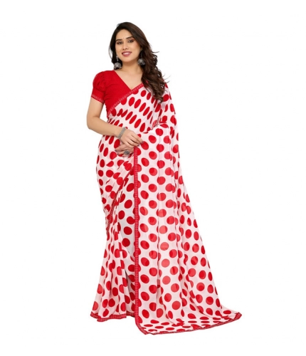 Women's Georgette Printed Saree With Unstitched Blouse 5.5Mtr (Red-White)