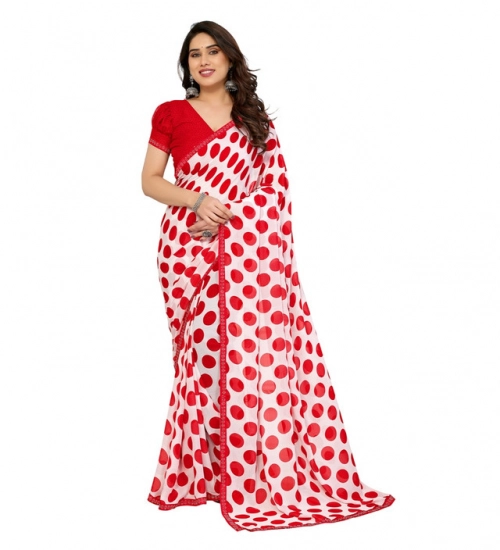Women's Georgette Printed Saree With Unstitched Blouse 5.5Mtr (Red-White)