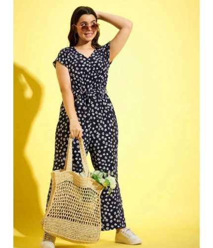 Girl's Polyester Moss Floral Short Sleeves Jumpsuit (Navy-white)