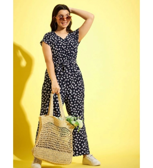 Girl's Polyester Moss Floral Short Sleeves Jumpsuit (Navy-white)