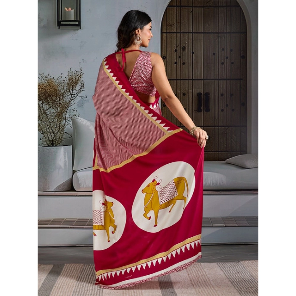 Women's Satin Crepe Printed Saree With Unstitched Blouse 5.5Mtr (Red)