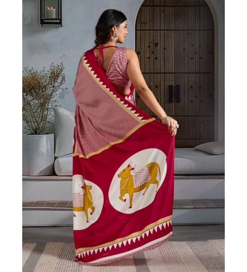 Women's Satin Crepe Printed Saree With Unstitched Blouse 5.5Mtr (Red)