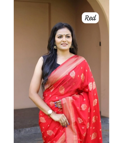 Women's Soft Lichi Silk Printed Saree With Unstitched Blouse 5.5Mtr (Red)