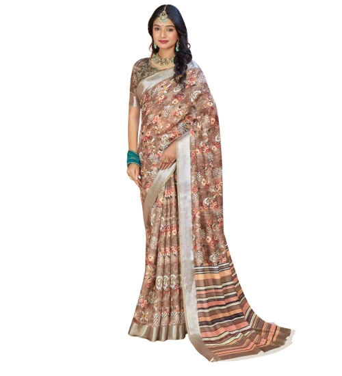 Women's Printed Cotton Linen Saree withPrinted  Saree With Unstitched Blouse (Brown , 5-6Mtrs)