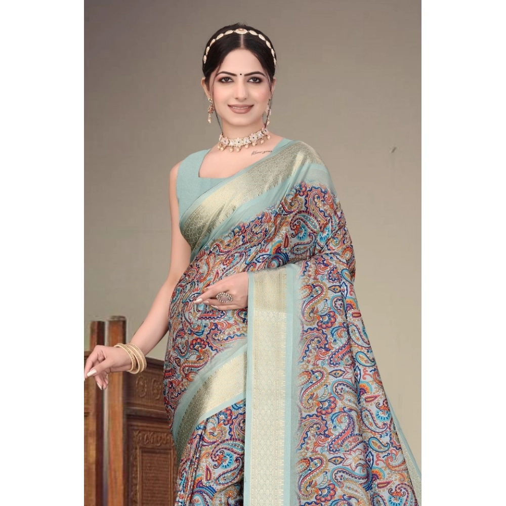 Women's Cotton Silk  Printed Saree With Unstitched Blouse 5.5Mtr (Multicolor)