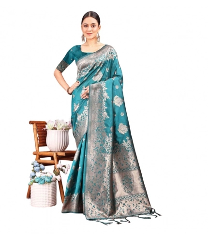 Women's Banarasi Silk Printed Saree With Unstitched Blouse 5.5Mtr (Sea Green)