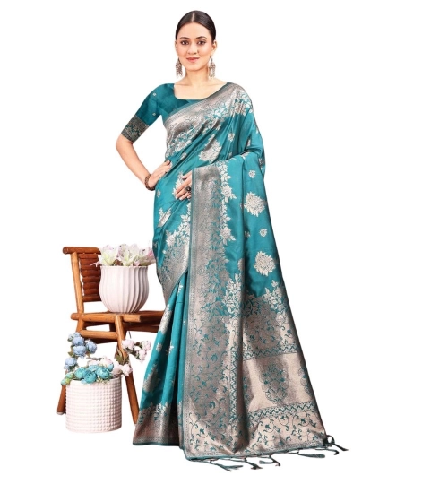 Women's Banarasi Silk Printed Saree With Unstitched Blouse 5.5Mtr (Sea Green)