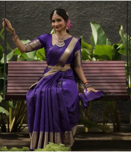 Women's Banarasi Silk Printed Saree With Unstitched Blouse 5.5Mtr (Purple)