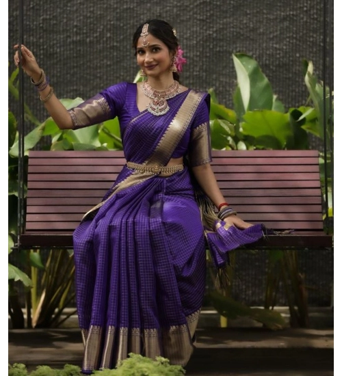 Women's Banarasi Silk Printed Saree With Unstitched Blouse 5.5Mtr (Purple)