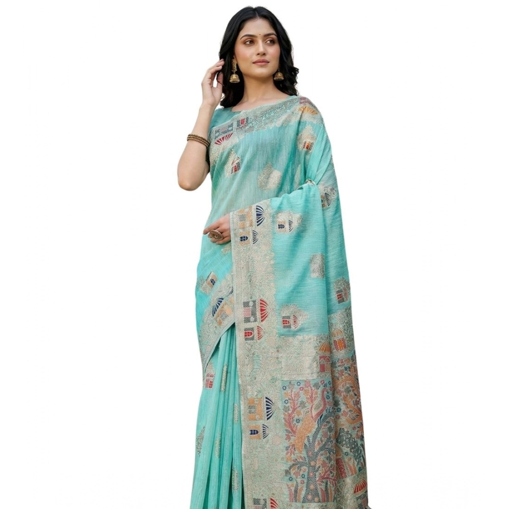 Women's Linen Cotton Printed Saree With Unstitched Blouse 5.5Mtr (Sky Blue) Women's Linen Cotton Printed Saree With Unstitched Blouse 5.5Mtr (Sky Blue)