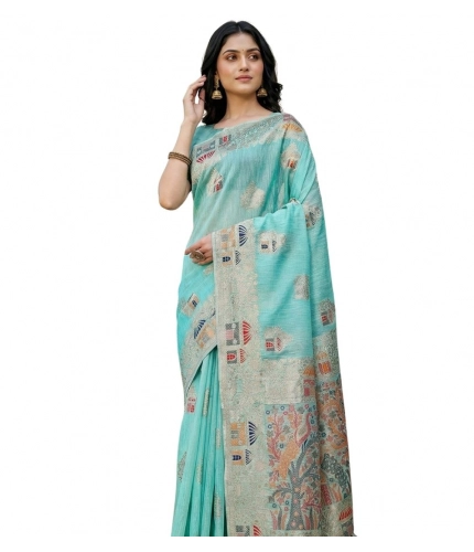 Women's Linen Cotton Printed Saree With Unstitched Blouse 5.5Mtr (Sky Blue)