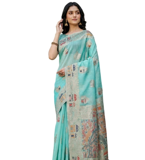 Women's Linen Cotton Printed Saree With Unstitched Blouse 5.5Mtr (Sky Blue)