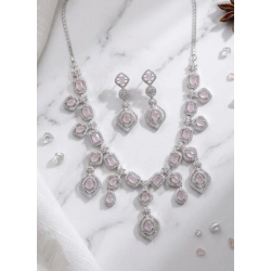 Women's Brass Silver Plated Necklace set (Pink)