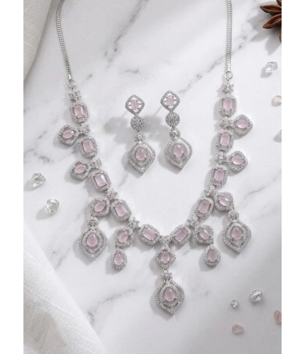 Women's Brass Silver Plated Necklace set (Pink)