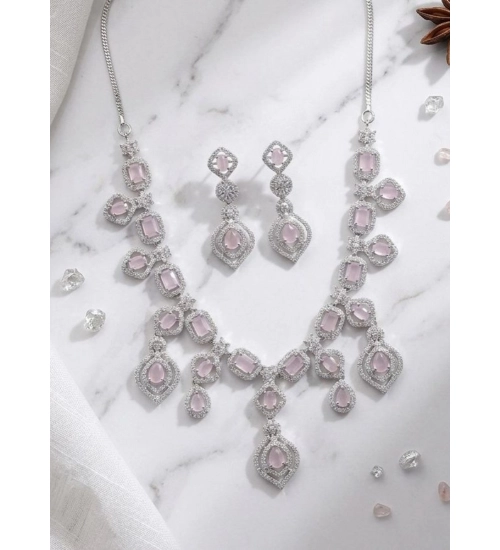 Women's Brass Silver Plated Necklace set (Pink)