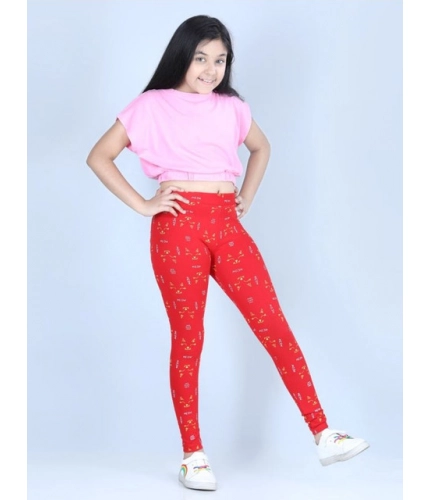 Girl's Cotton Lycra Printed Elasticated Leggings (Red)