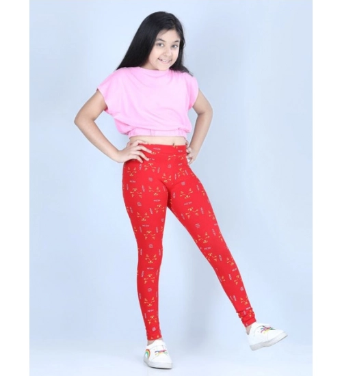 Girl's Cotton Lycra Printed Elasticated Leggings (Red)