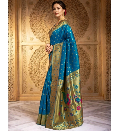 Women's Silk Blend Zari Weaving Saree With Unstitched Blouse 5.5Mtr (Turquoise)