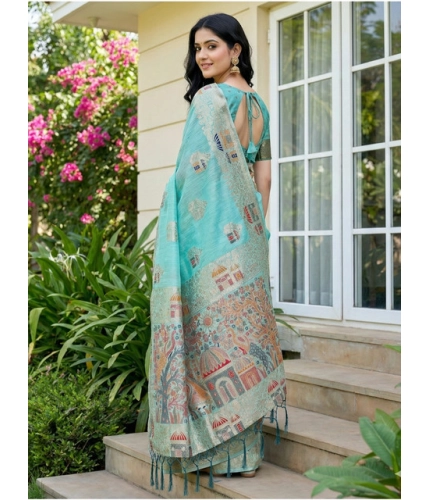 Women's Linen Cotton Printed Saree With Unstitched Blouse 5.5Mtr (Sky Blue)