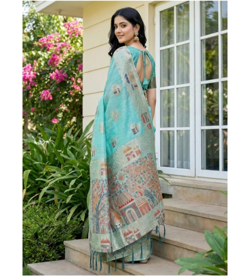Women's Linen Cotton Printed Saree With Unstitched Blouse 5.5Mtr (Sky Blue)