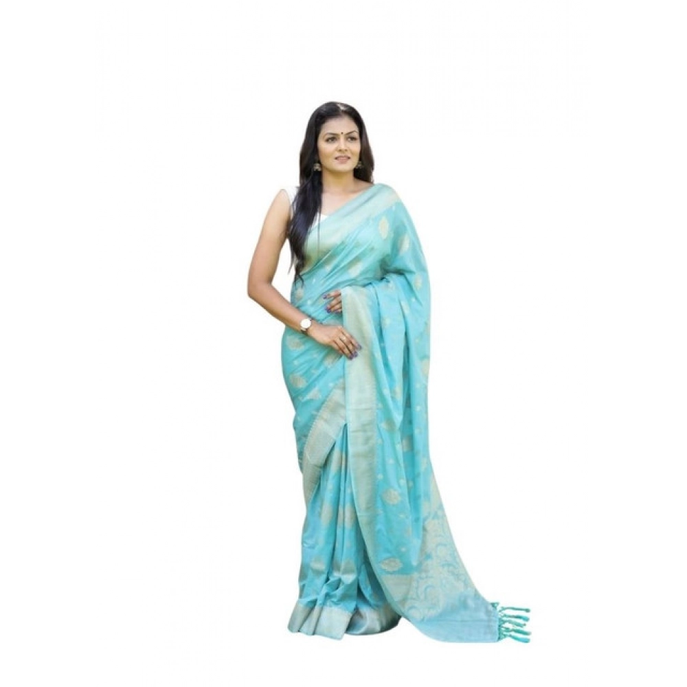 Women's Soft Lichi Silk Printed Saree With Unstitched Blouse 5.5Mtr (Sky-Blue)
