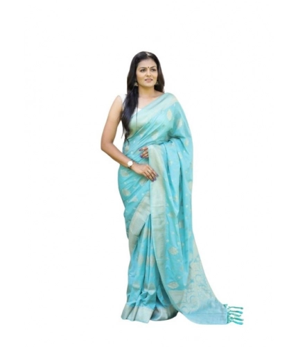 Women's Soft Lichi Silk Printed Saree With Unstitched Blouse 5.5Mtr (Sky-Blue)