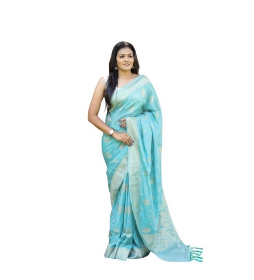 Women's Soft Lichi Silk Printed Saree With Unstitched Blouse 5.5Mtr (Sky-Blue)