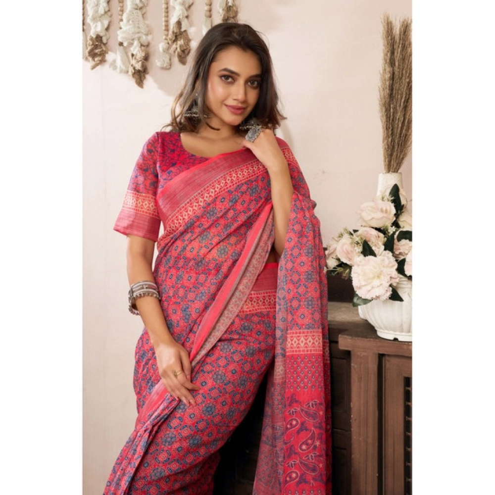 Women's Linen Cotton Printed Ready To Wear Saree With Unstitched Blouse 5.5 Mtr (Red) Women's Linen Cotton Printed Ready To Wear Saree With Unstitched Blouse 5.5 Mtr (Red)