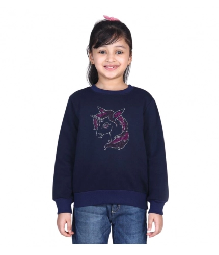 Girl's Fleece Embellished Long Sleeves Sweatshirt (Navy Blue)