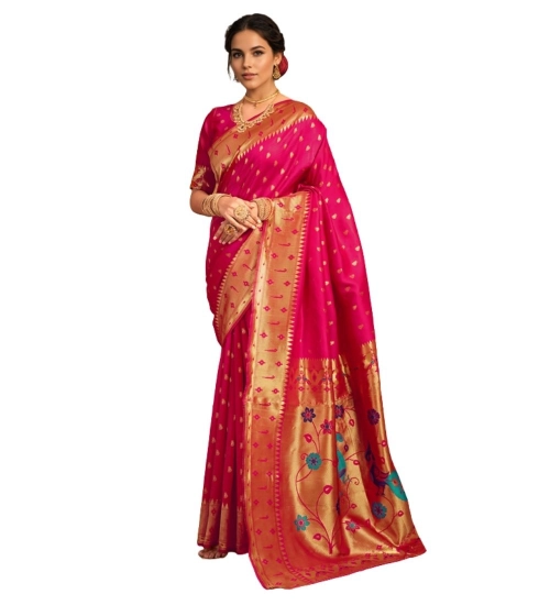 Women's Silk Blend Zari Weaving Saree With Unstitched Blouse 5.5Mtr (Pink)