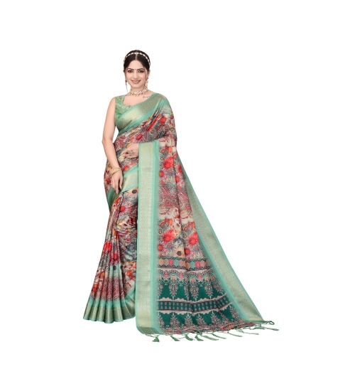 Women's Cotton Silk  Printed Saree With Unstitched Blouse 5.5Mtr (Light Green)