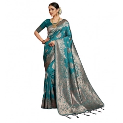 Women's Silk Blend Printed Saree With Unstitched Blouse 5.5Mtr (Sea Green)