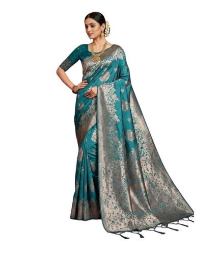 Women's Silk Blend Printed Saree With Unstitched Blouse 5.5Mtr (Sea Green)