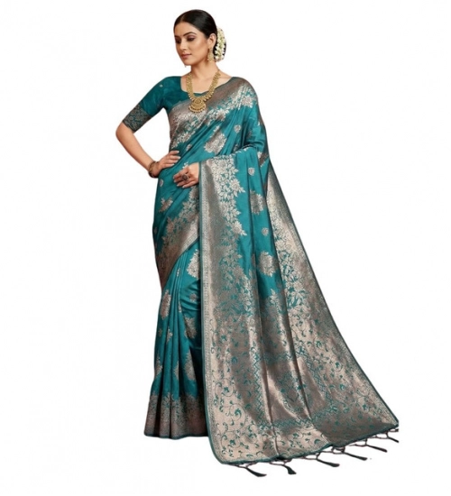 Women's Silk Blend Printed Saree With Unstitched Blouse 5.5Mtr (Sea Green)