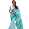 Women's Linen Printed Saree With Unstitched Blouse 5.5Mtr (Aqua)
