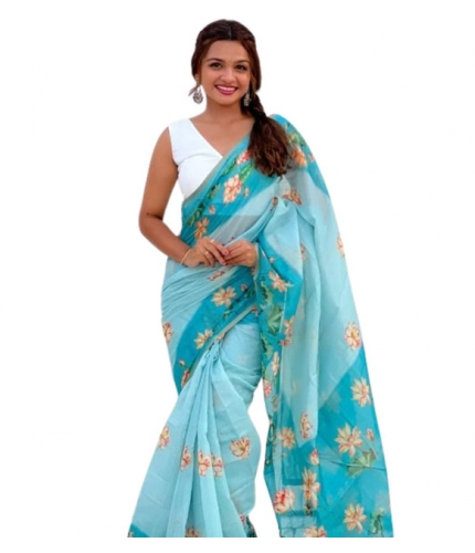 Women's Linen Printed Saree With Unstitched Blouse 5.5Mtr (Aqua)