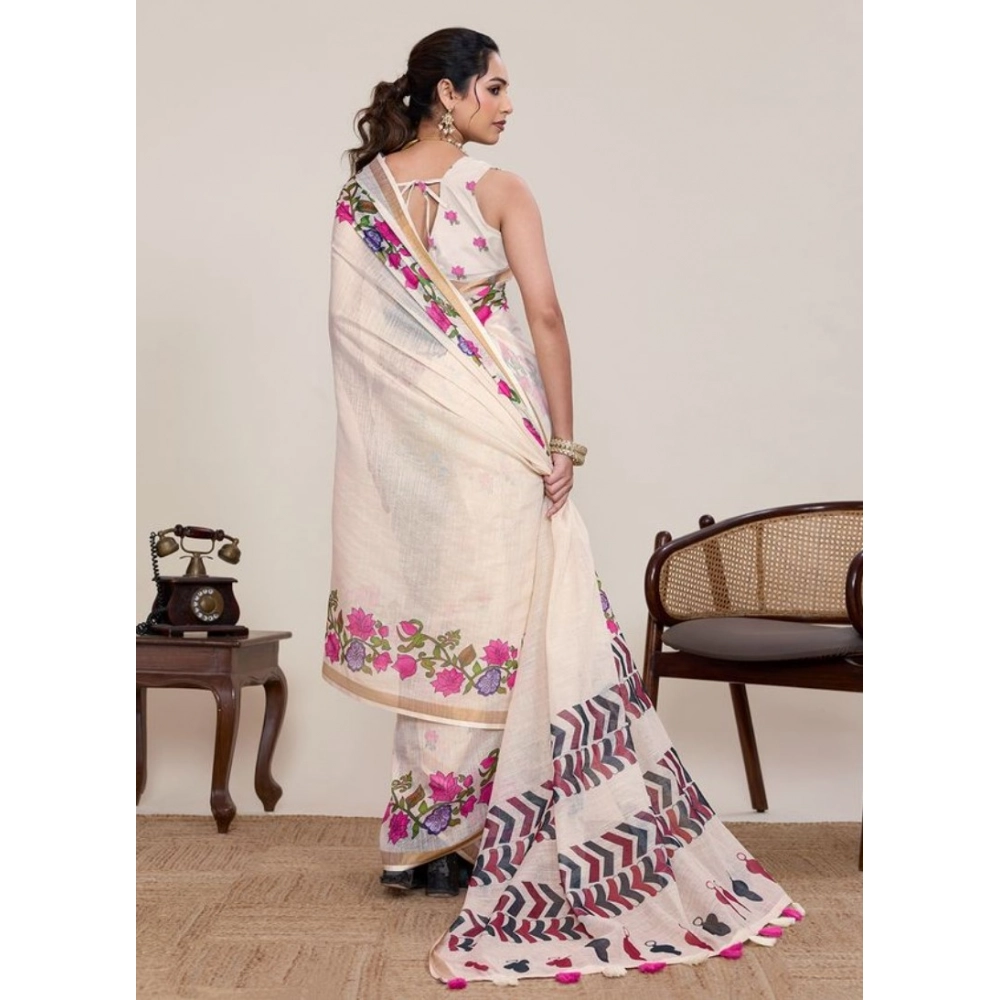Women's Linen Floral Printed Saree With Unstitched Blouse 5.5Mtr (Cream) Women's Linen Floral Printed Saree With Unstitched Blouse 5.5Mtr (Cream)