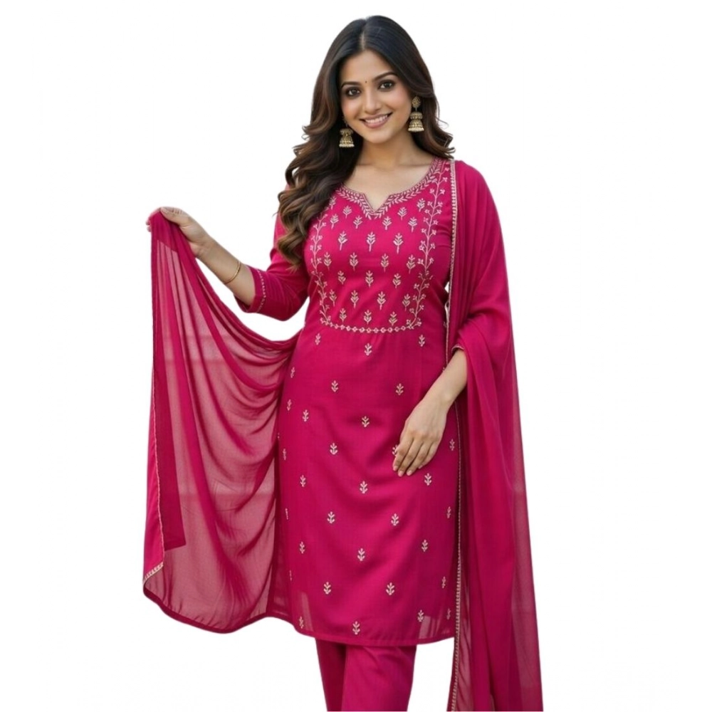 Women's Georgette Ethnic Motif Round 3/4th Sleeve Kurti With Pant Dupatta Set (Pink) Women's Georgette Ethnic Motif Round 3/4th Sleeve Kurti With Pant Dupatta Set (Pink)