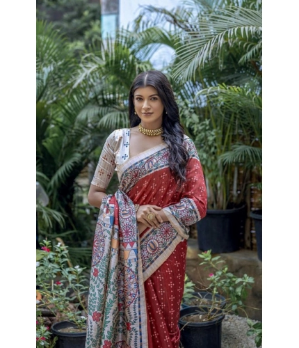 Women's Faux_Tussar Geometric_Print Saree With Unstitched Blouse 5.5Mtr (Red)