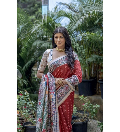 Women's Faux_Tussar Geometric_Print Saree With Unstitched Blouse 5.5Mtr (Red)
